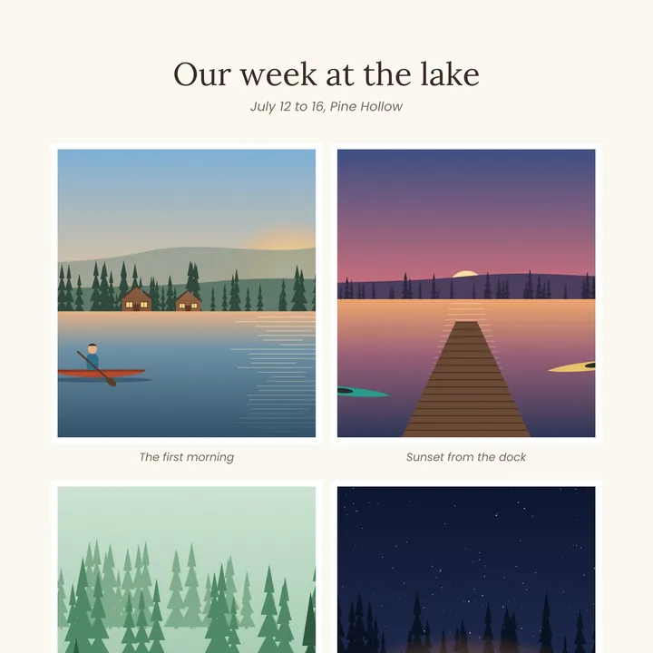 A photo book page as a JPEG: four pictures from a week at a lake, each with a caption