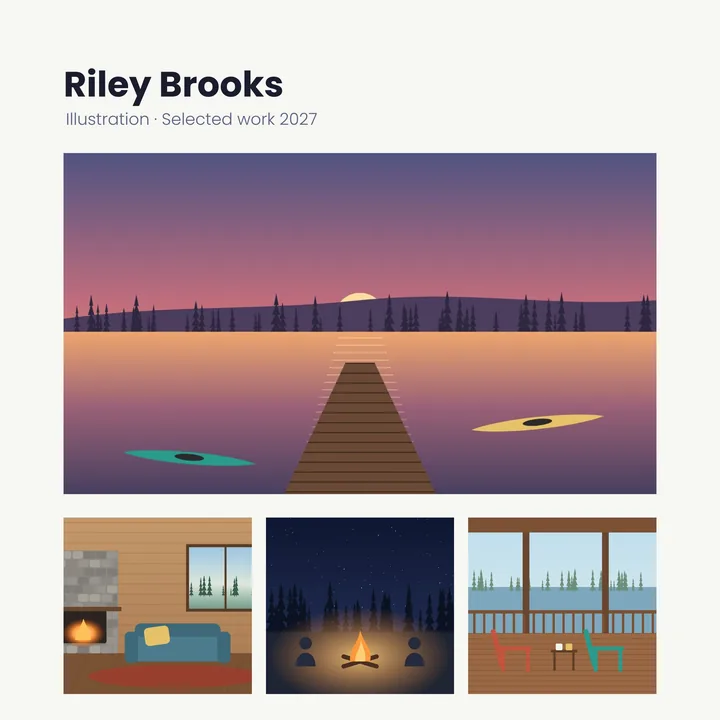 An illustrator’s portfolio page as a JPEG, a sunset dock and three smaller scenes