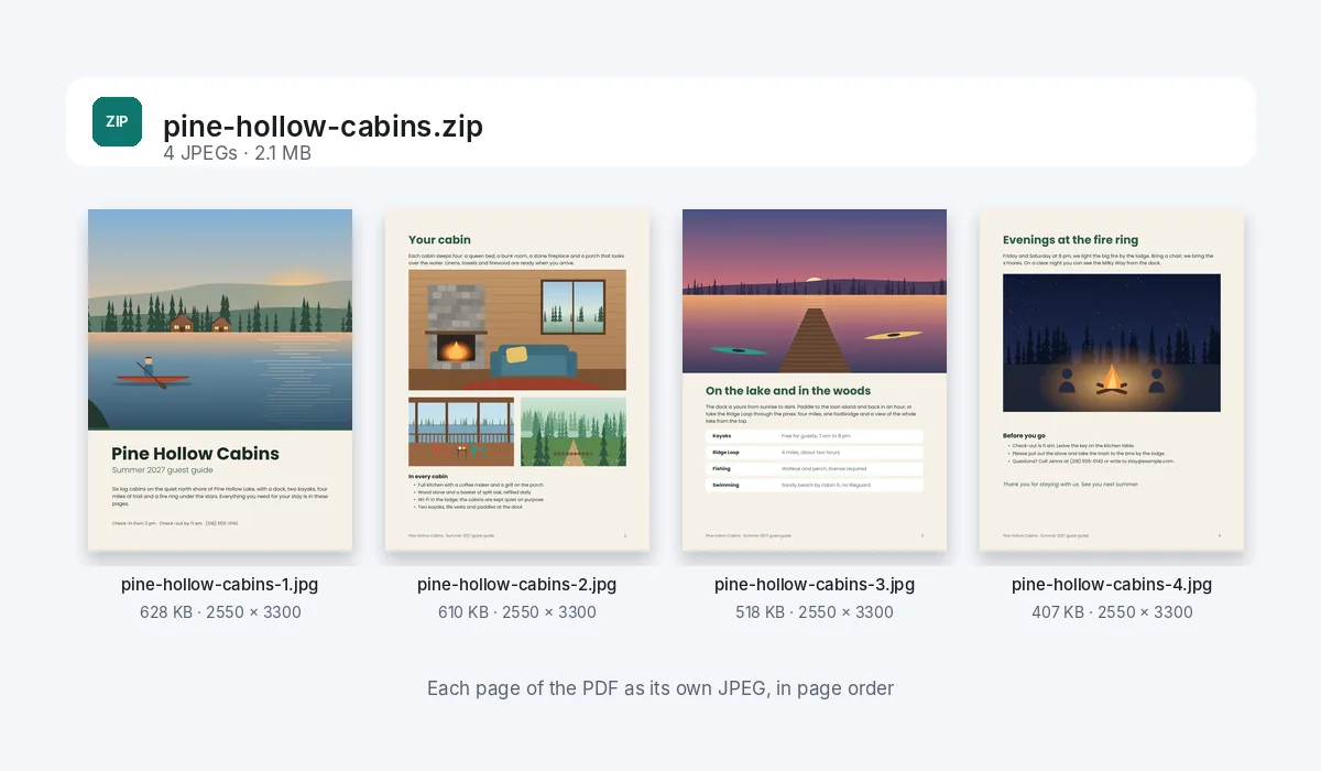 A zip named pine-hollow-cabins with the four pages of the guide inside as JPEGs, each with its file size