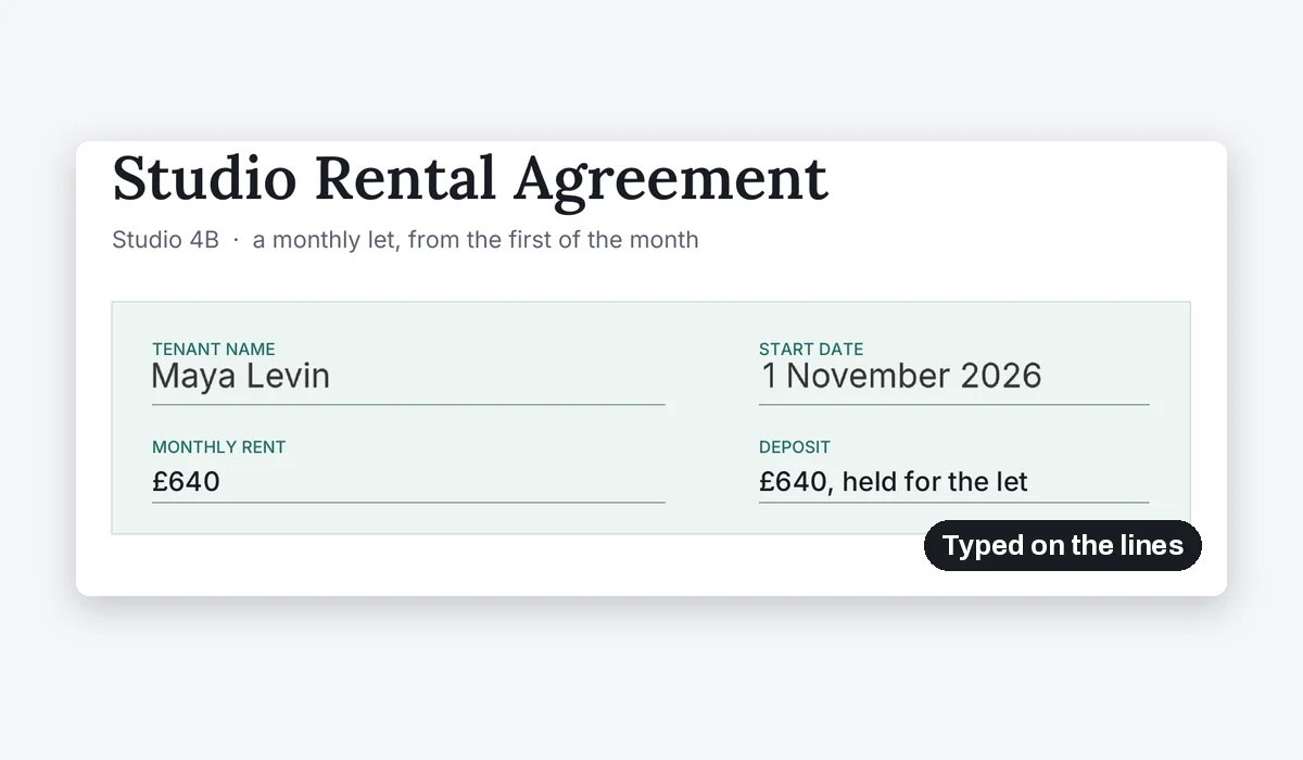 The fields of a rental agreement with the tenant name Maya Levin and the start date 1 November 2026 typed on the lines