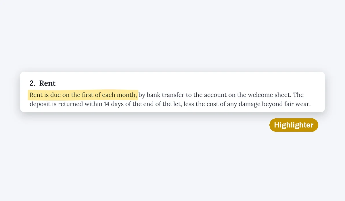 The rent clause of the agreement with its first sentence highlighted in yellow