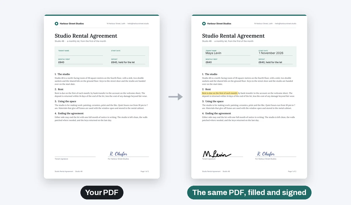 The agreement as it was dropped, and the same agreement downloaded, filled in, signed and highlighted
