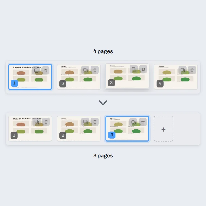 The page strip of a pottery catalog before and after its third page is deleted