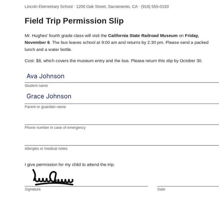 A field trip permission slip with the student's and the parent's names typed on their lines and a signature drawn with the Pen