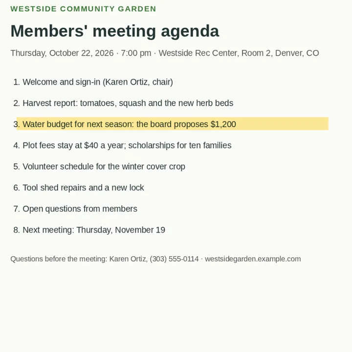 A community garden's meeting agenda with the line about next season's water budget highlighted in yellow