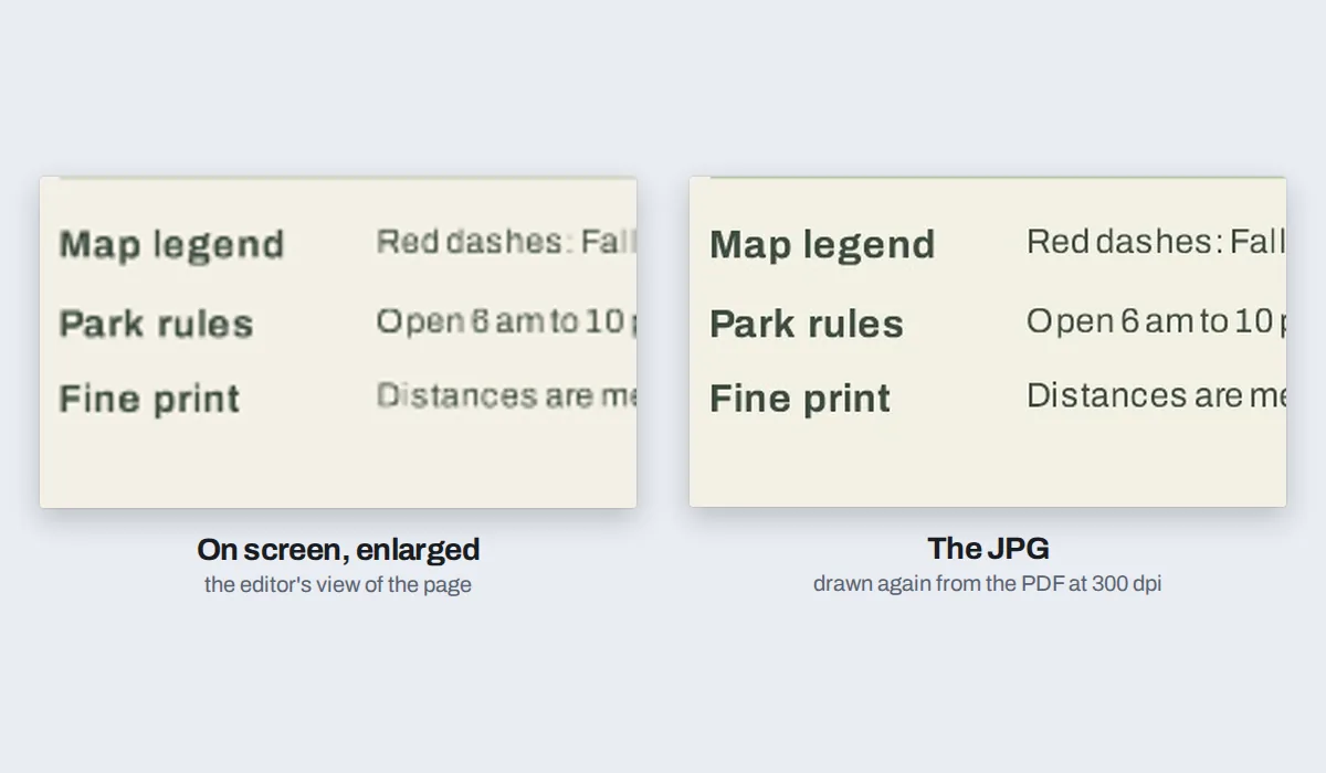 The fine print in a park trail map's legend twice: blurred in the editor's view enlarged, and crisp in the downloaded JPG drawn again from the PDF