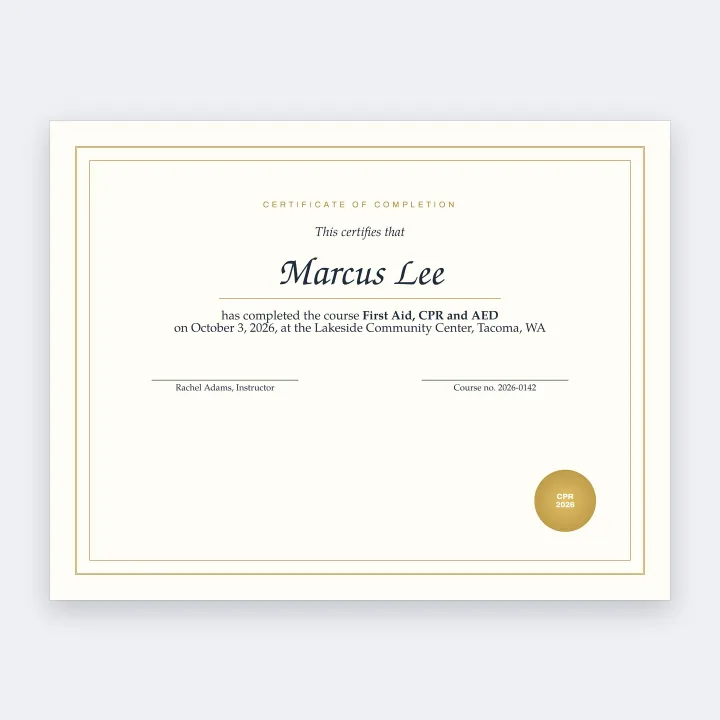 A certificate of completion for Marcus Lee, First Aid, CPR and AED, as a JPG