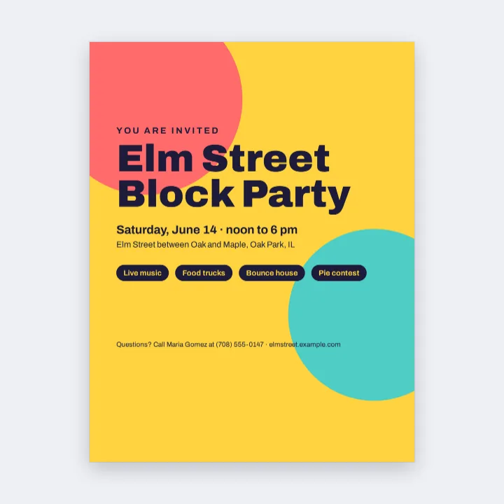 The Elm Street Block Party flyer as a JPG, yellow with coral and teal circles