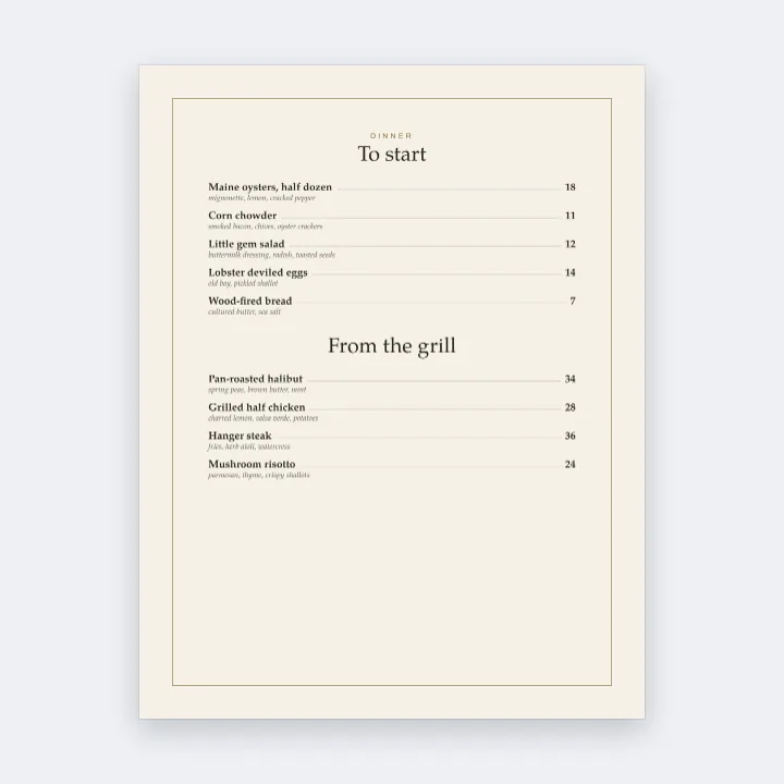 Page 2 of the Harbor Street Kitchen menu as a JPG: starters and dishes from the grill with their prices