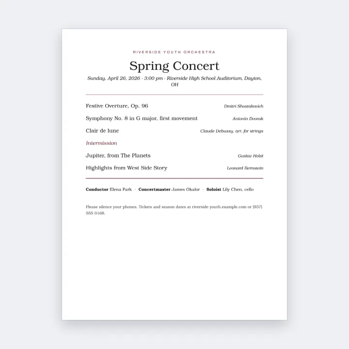The Riverside Youth Orchestra spring concert program as a JPG