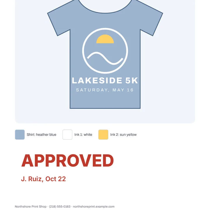 A Lakeside 5K race shirt proof with APPROVED and J. Ruiz, Oct 22 typed in red under the design