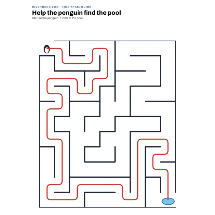 A zoo kids trail guide maze with the way from the penguin to the pool drawn in red with the Pen