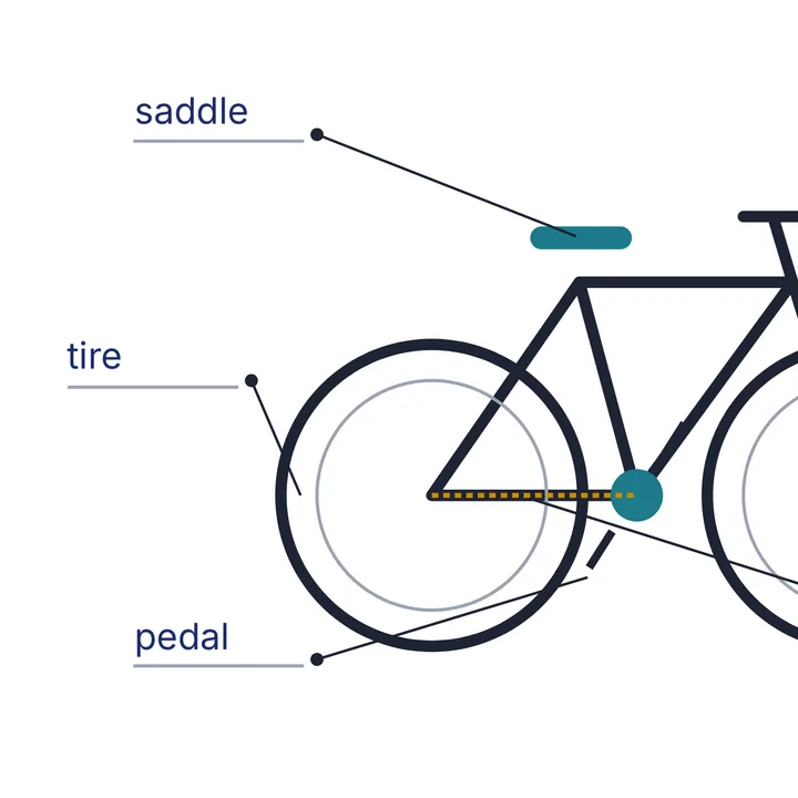 Part of a bike club worksheet with saddle, tire and pedal typed on its answer lines beside the bike