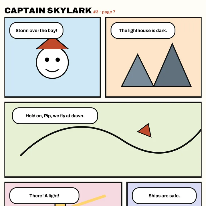 A page of the Captain Skylark comic as a PNG: a lighthouse and a stormy bay in bold ink panels