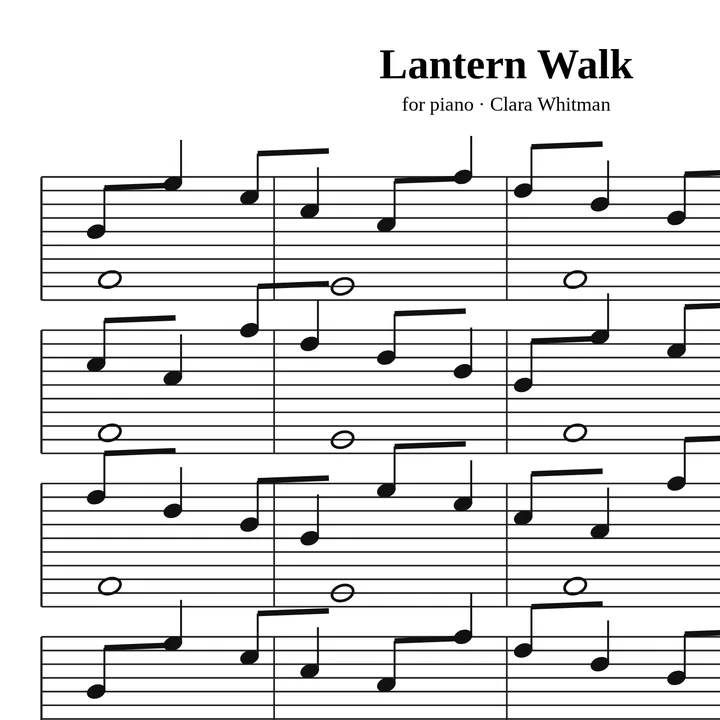 The opening bars of Lantern Walk, a piano piece by Clara Whitman, saved as a PNG