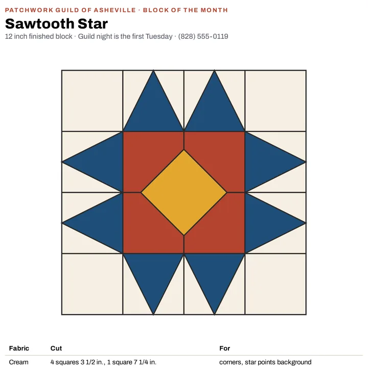 A quilt guild's Sawtooth Star block pattern as a PNG: navy star points around a rust and gold center