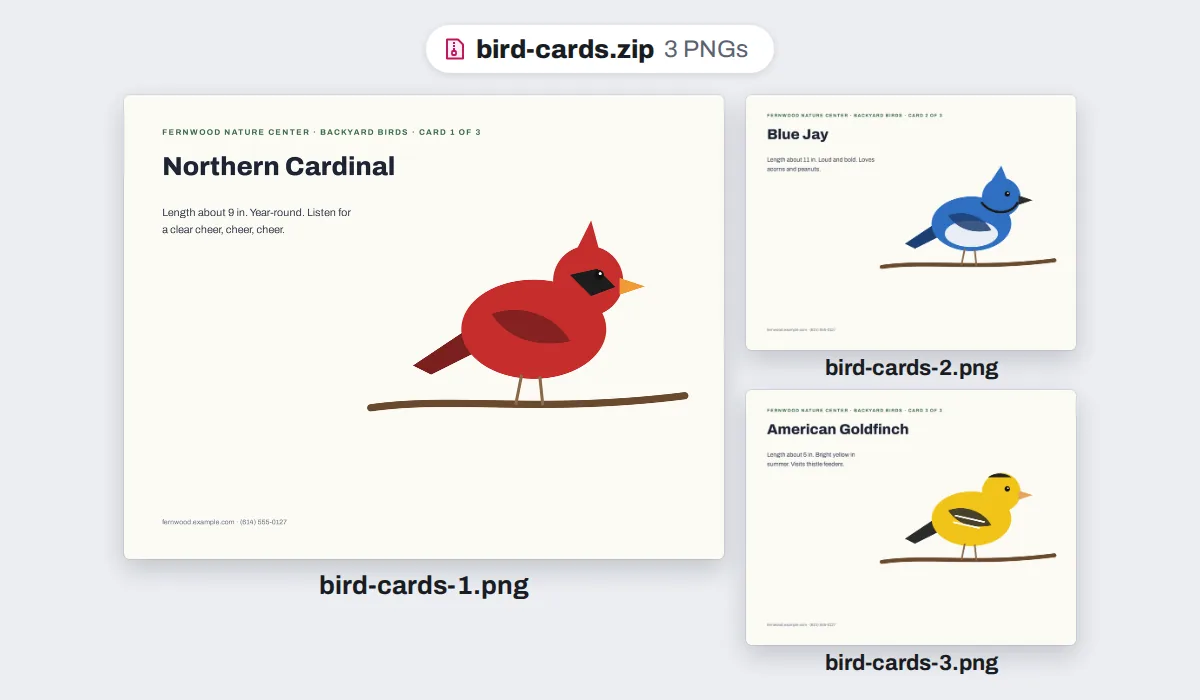Three Fernwood Nature Center bird cards as PNG files from the downloaded zip, named bird-cards-1.png, -2.png and -3.png: a cardinal, a blue jay and a goldfinch