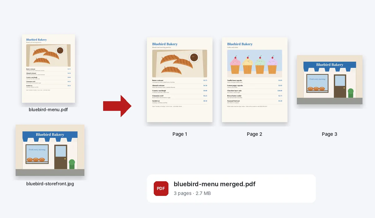 The two pages of the bakery menu and a photo of the shop front, combined into one PDF of three pages
