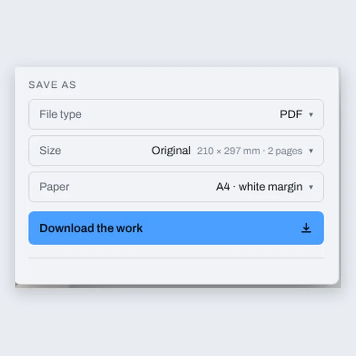 The Download menu on PDF, with Paper set to A4 and a white margin