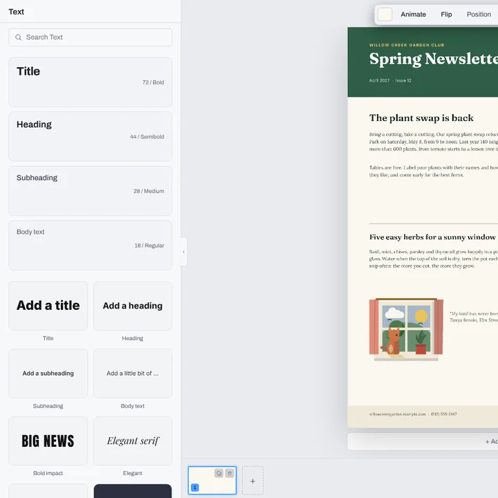 The Text panel of headings and paragraphs beside the garden club newsletter