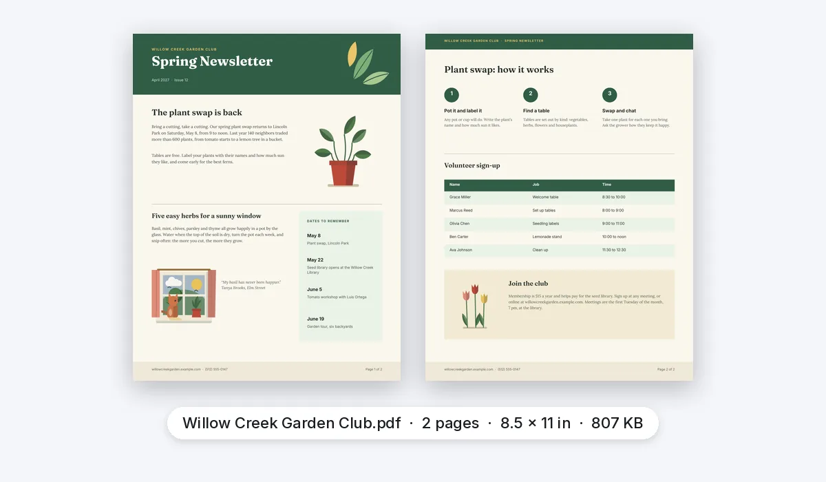 The two pages of the Willow Creek Garden Club spring newsletter, saved as one US Letter PDF