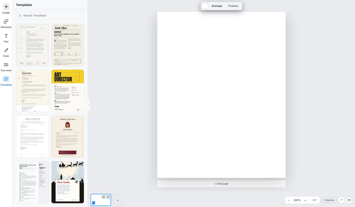 The Compix editor with Templates open on the left, resumes and letters, beside a blank US Letter page