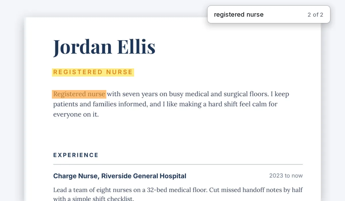 Jordan Ellis’s resume as a PDF, with the words registered nurse found and highlighted by a search