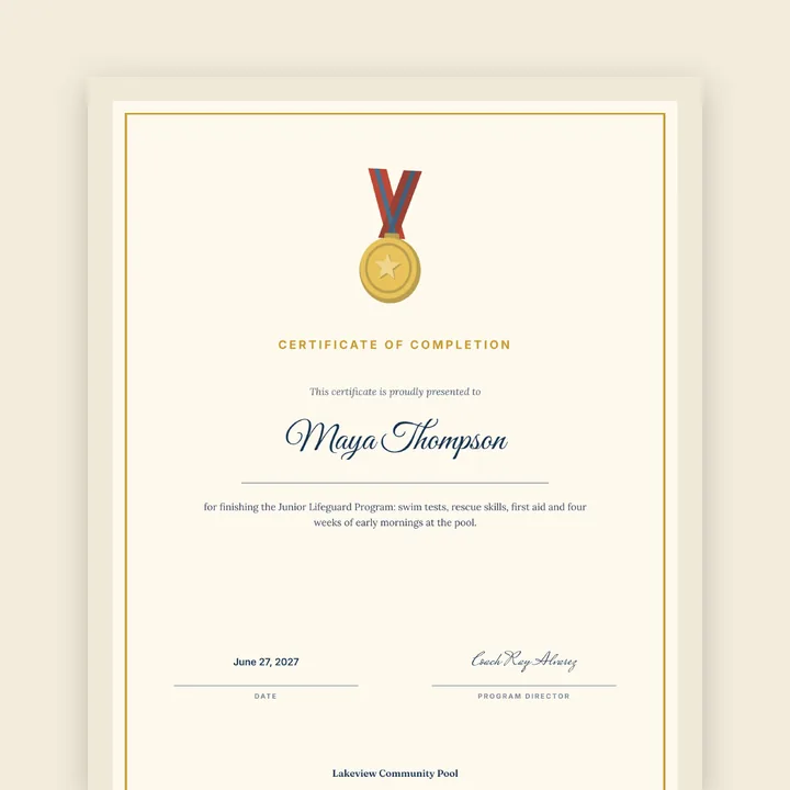 A certificate of completion for Maya Thompson, Junior Lifeguard Program, with a gold medal
