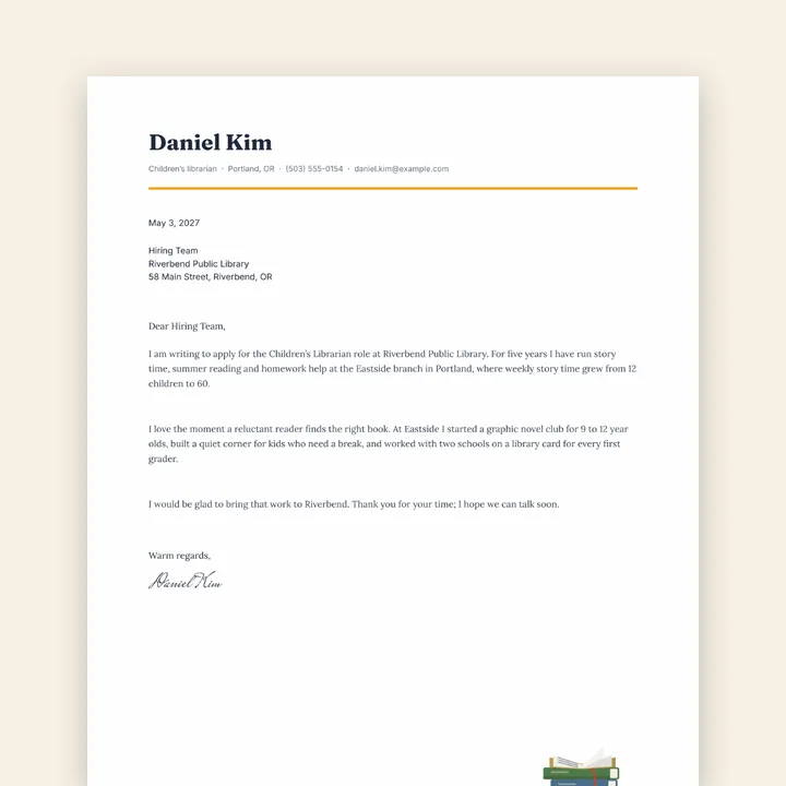 Daniel Kim’s cover letter to the Riverbend Public Library, with an orange rule under his name