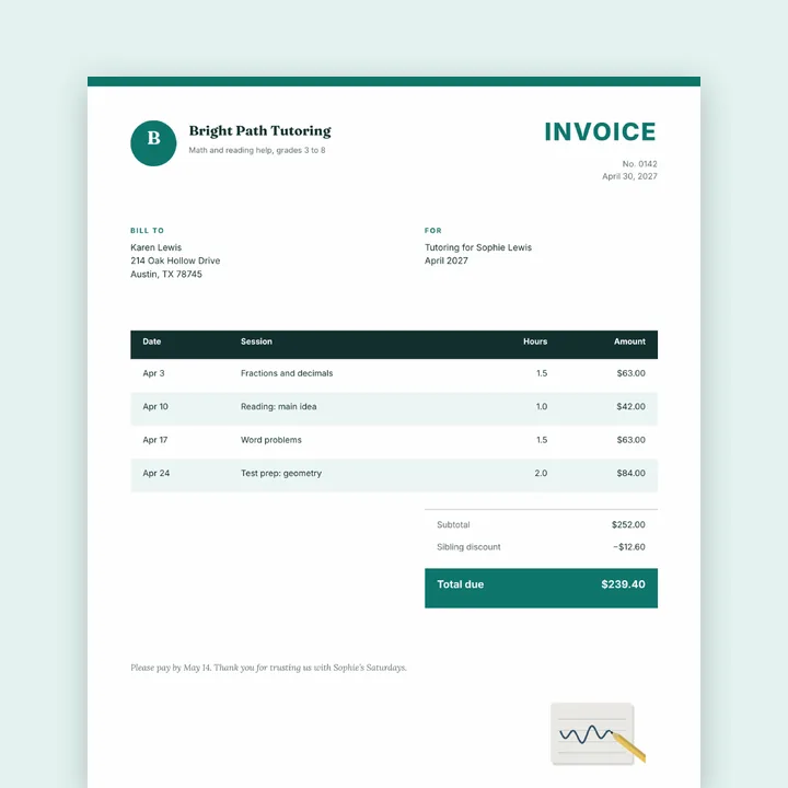 Bright Path Tutoring invoice number 0142, four sessions and a total due of $239.40