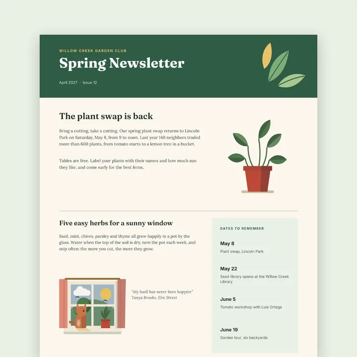 Page one of the Willow Creek Garden Club spring newsletter, The plant swap is back
