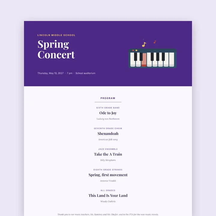 The Lincoln Middle School Spring Concert program, with piano keys on a purple cover