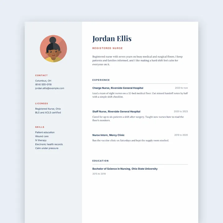 Jordan Ellis’s resume, a registered nurse in Columbus, Ohio, with a portrait in the side column