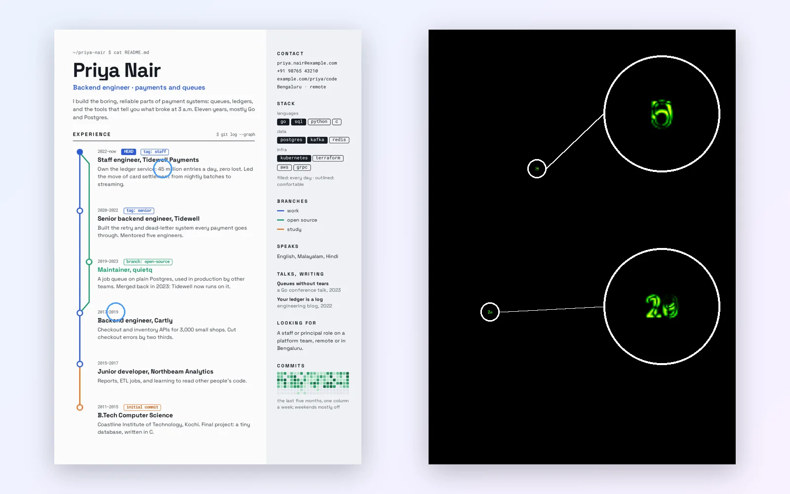 A developer's résumé beside its pixel diff: the map is black except for the two numbers that changed, 40 to 45 and 2020 to 2019, circled and enlarged