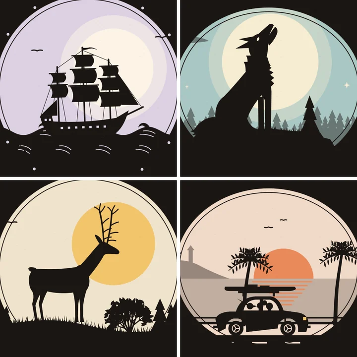 A collage of four pictures in a grid: a tall ship, a howling wolf, a deer at sunset and a road trip