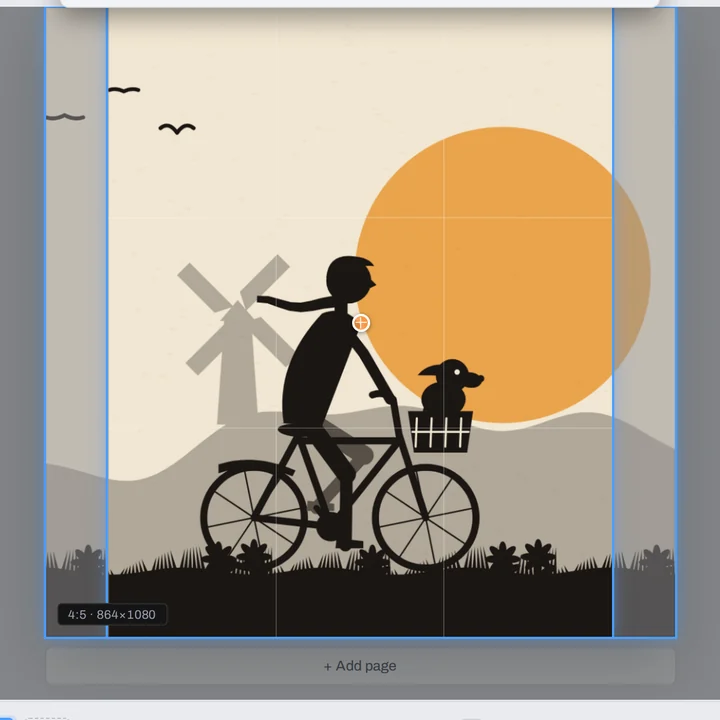A picture of a cyclist with his dog in the basket, a 4:5 crop frame over it