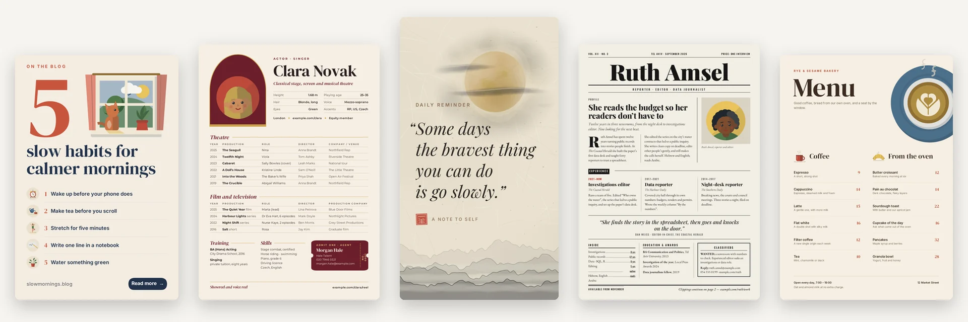 Designs made in Compix at different sizes: a Pinterest pin, an actor's résumé, a quote story, a newspaper-style résumé and an A4 café menu