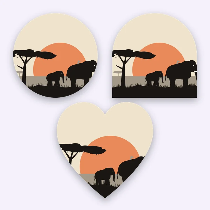 An elephant sunset cropped into a circle, an arch and a heart