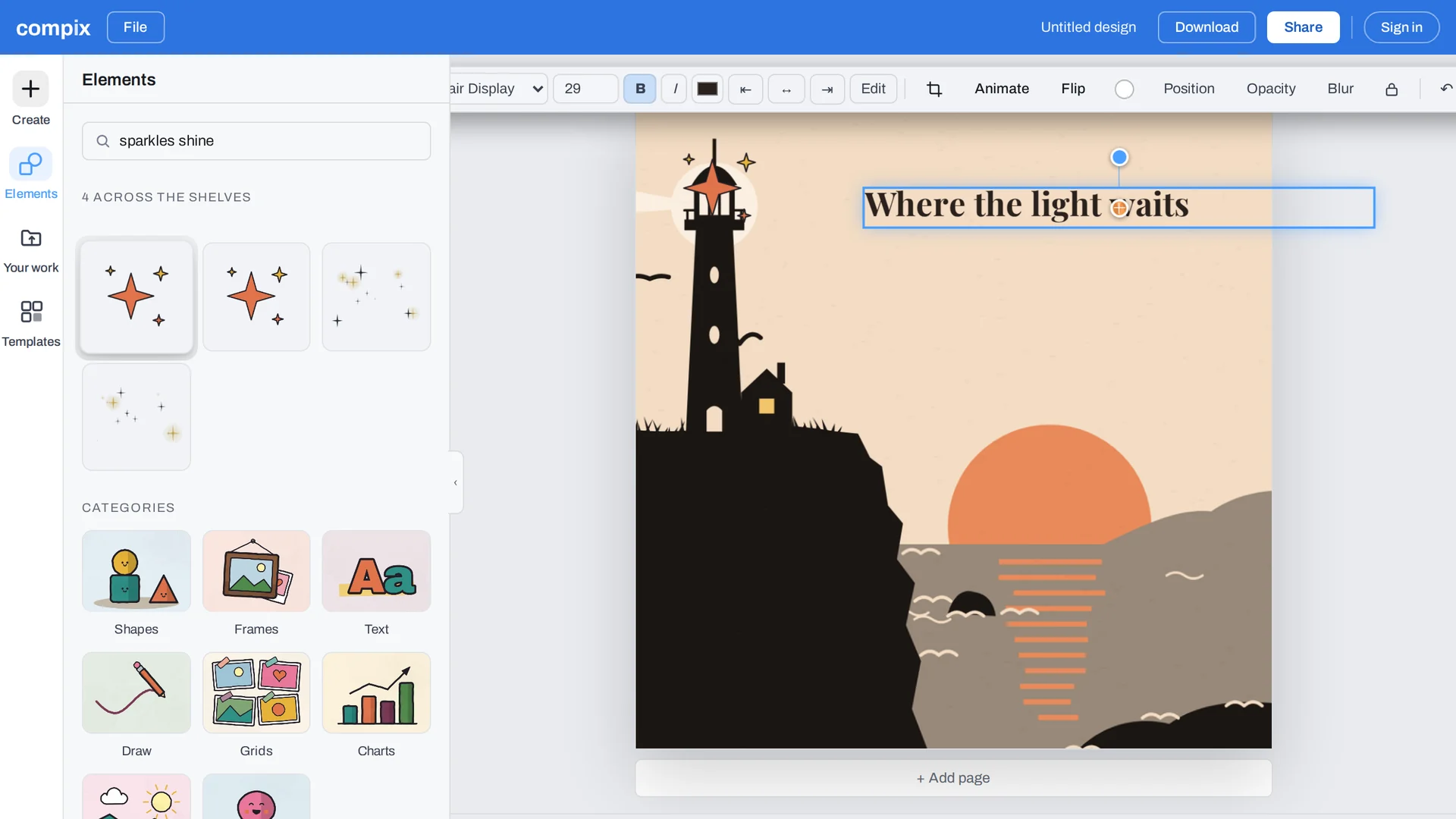 The Compix editor with a lighthouse picture as the page, the heading Where the light waits and sparkles on it, and Elements open on the left