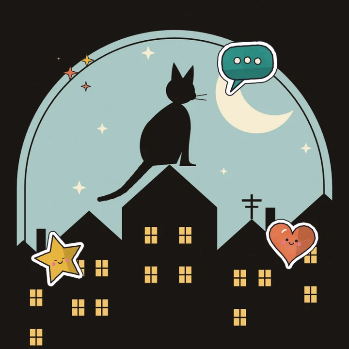 A cat on a moonlit roof decorated with a star, a heart, a chat bubble and sparkles