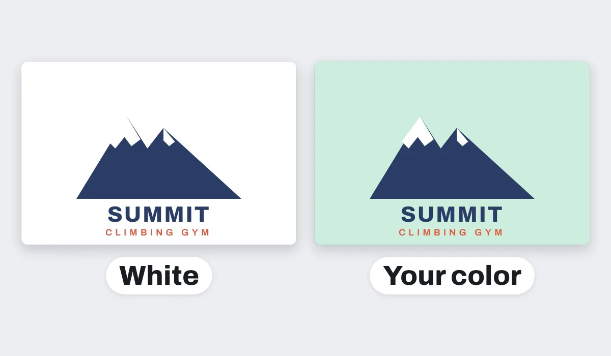 A climbing gym logo with a see-through background, downloaded twice as a JPG: once on white, once on a mint page color picked in the editor