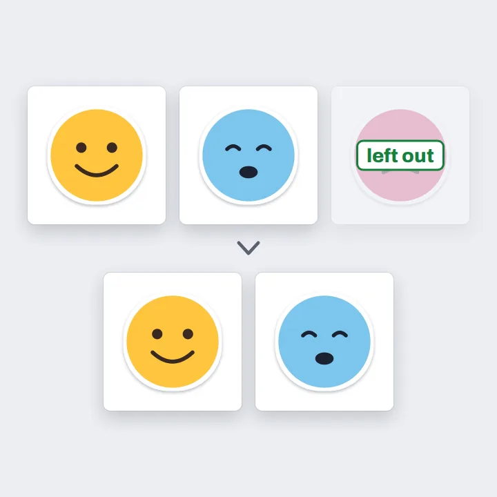 Three face stickers as pages, the frowning one left out, and the two JPGs saved after it is deleted