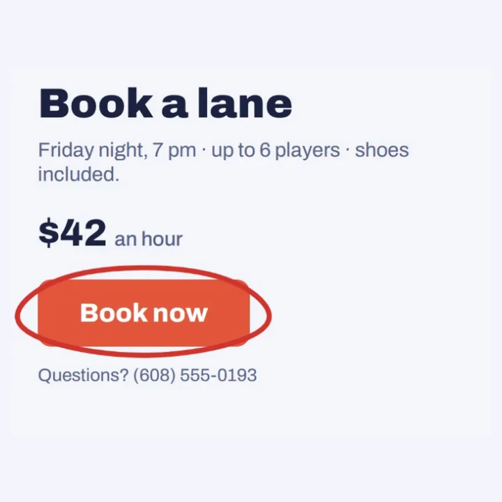 A Maple Lanes bowling alley booking page screenshot with its Book now button circled in red with the Pen
