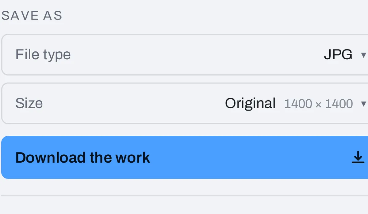 The Download menu for a single picture: File type JPG, Size Original 1400 by 1400, and Download the work, with no Pages row