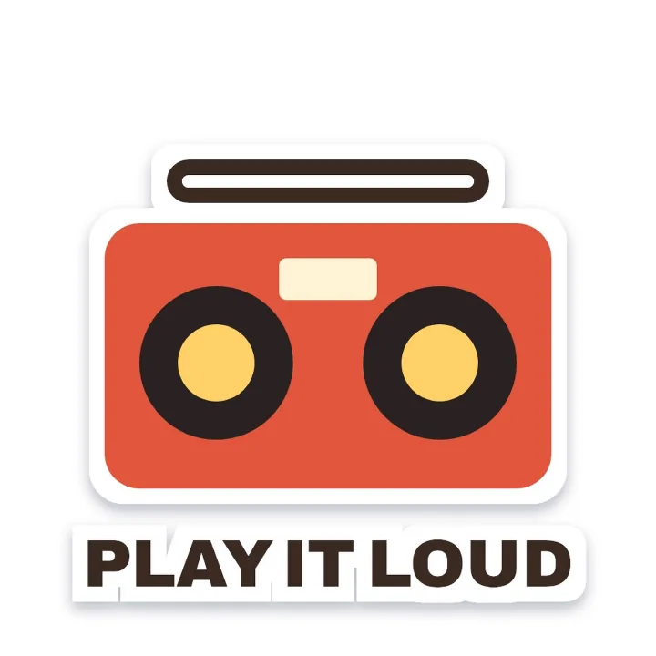 A red boombox sticker with the words Play it loud, as a JPG on white