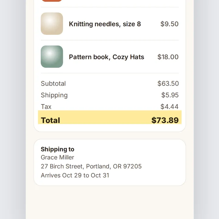 The total of $73.89 highlighted in yellow on the order confirmation