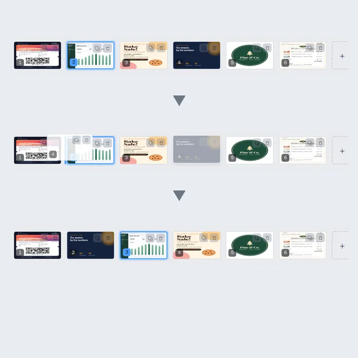 The page strip three times: six screenshots as six pages, the slide dragged from fourth place, and the slide now second