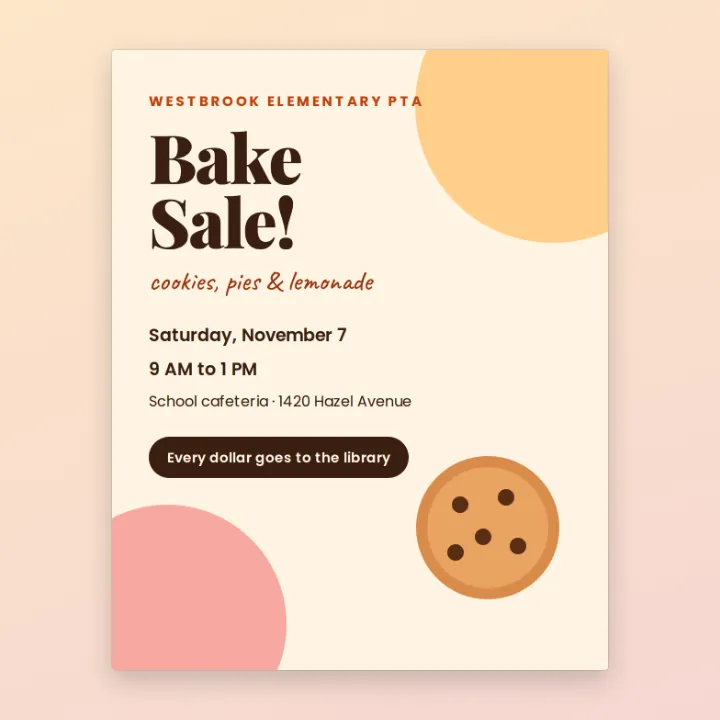 A Westbrook Elementary PTA bake sale flyer, Saturday, November 7, 9 AM to 1 PM
