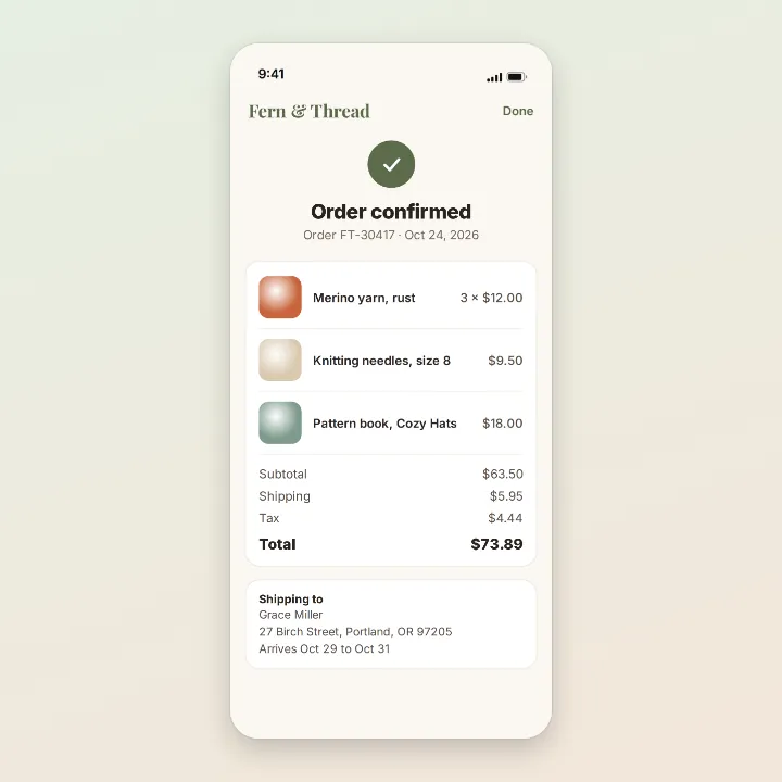 A phone screenshot of a Fern and Thread yarn shop order confirmation, total $73.89