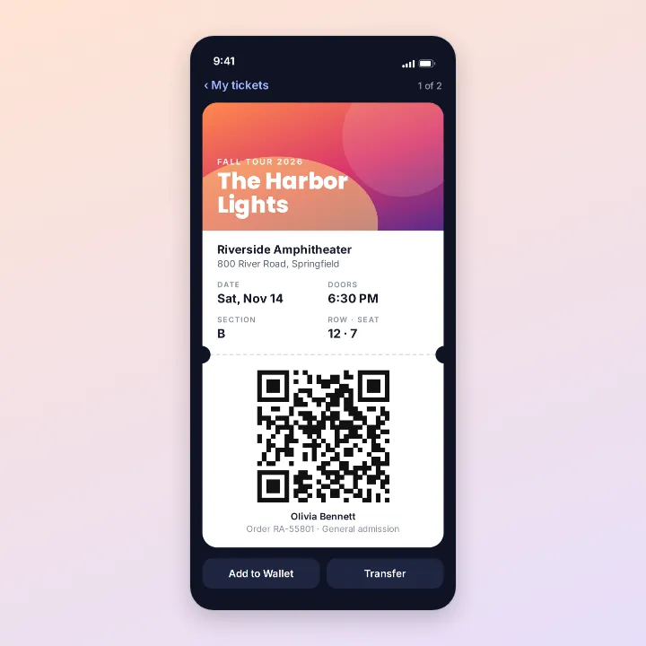 A phone screenshot of a ticket for The Harbor Lights at Riverside Amphitheater, Section B, Row 12, Seat 7, with its QR code